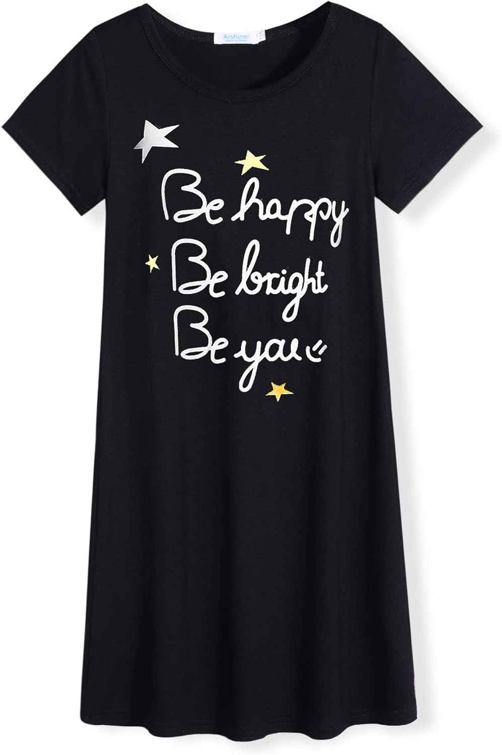 Arshiner Nightdress Girls Short Sleeve Pyjamas Children's Sleep Dress Cat Unicorn Crew Neck Night Dress 4-12 Years