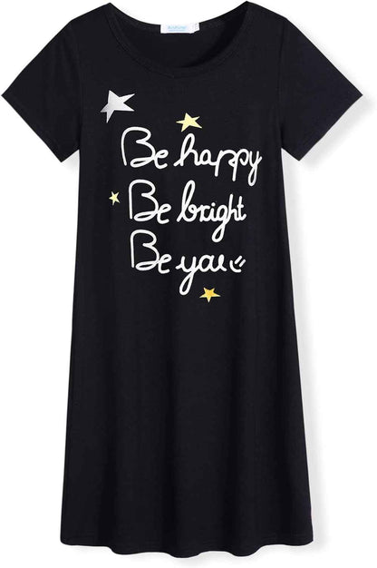 Arshiner Nightdress Girls Short Sleeve Pyjamas Children's Sleep Dress Cat Unicorn Crew Neck Night Dress 4-12 Years