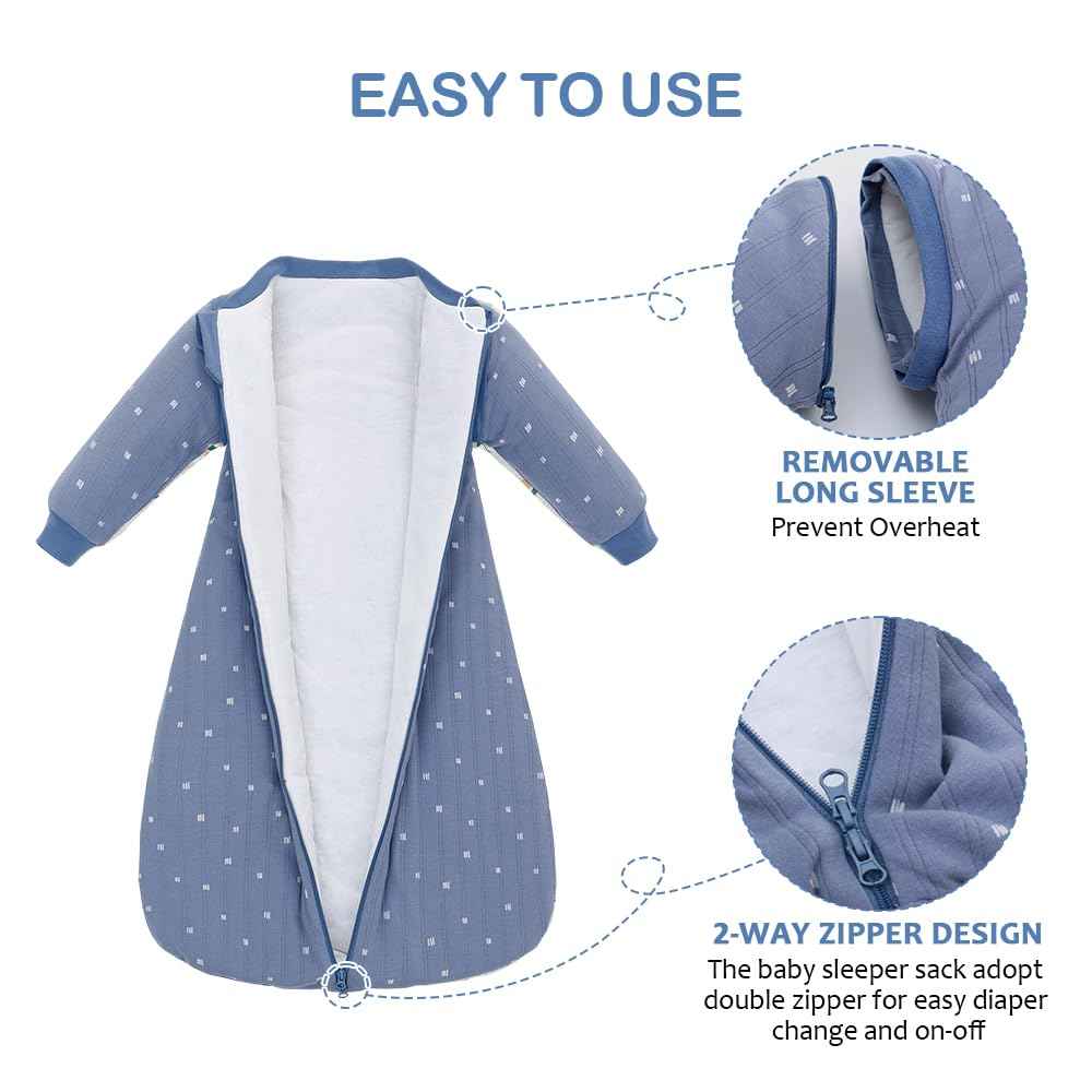 amo nenes Baby Sleeping Bag 2.5 TOG, Baby Autumn Winter Long Sleeve Sleeping Bag, 100% Cotton, Removable Sleeves, Length 72 cm, 0-6 Months (Blue)