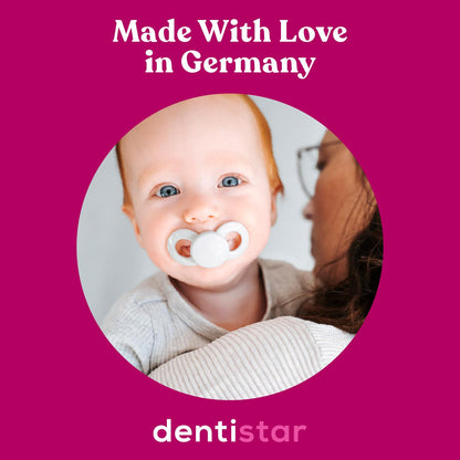 Dentistar® Silikon Schnuller 2er-Set – Größe 0 für 0-2 Monate – Zahnfreundlicher & kiefergerechter Silikonschnuller mit Dental-Stufe – Beige mit Herz-Motiv – BPA-frei – Made in Germany