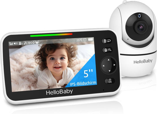 HelloBaby Babyphone mit Kamera, Kein WLAN, 5" IPS, HB6550, 3500 mAh | 355° Schwenken-120° Neige-Zoomen, Babyfone ohne WLAN, 2 Wege Audio, Temperatur, 8 Schlaflieder, Nachtsicht, Kabel-Kamera