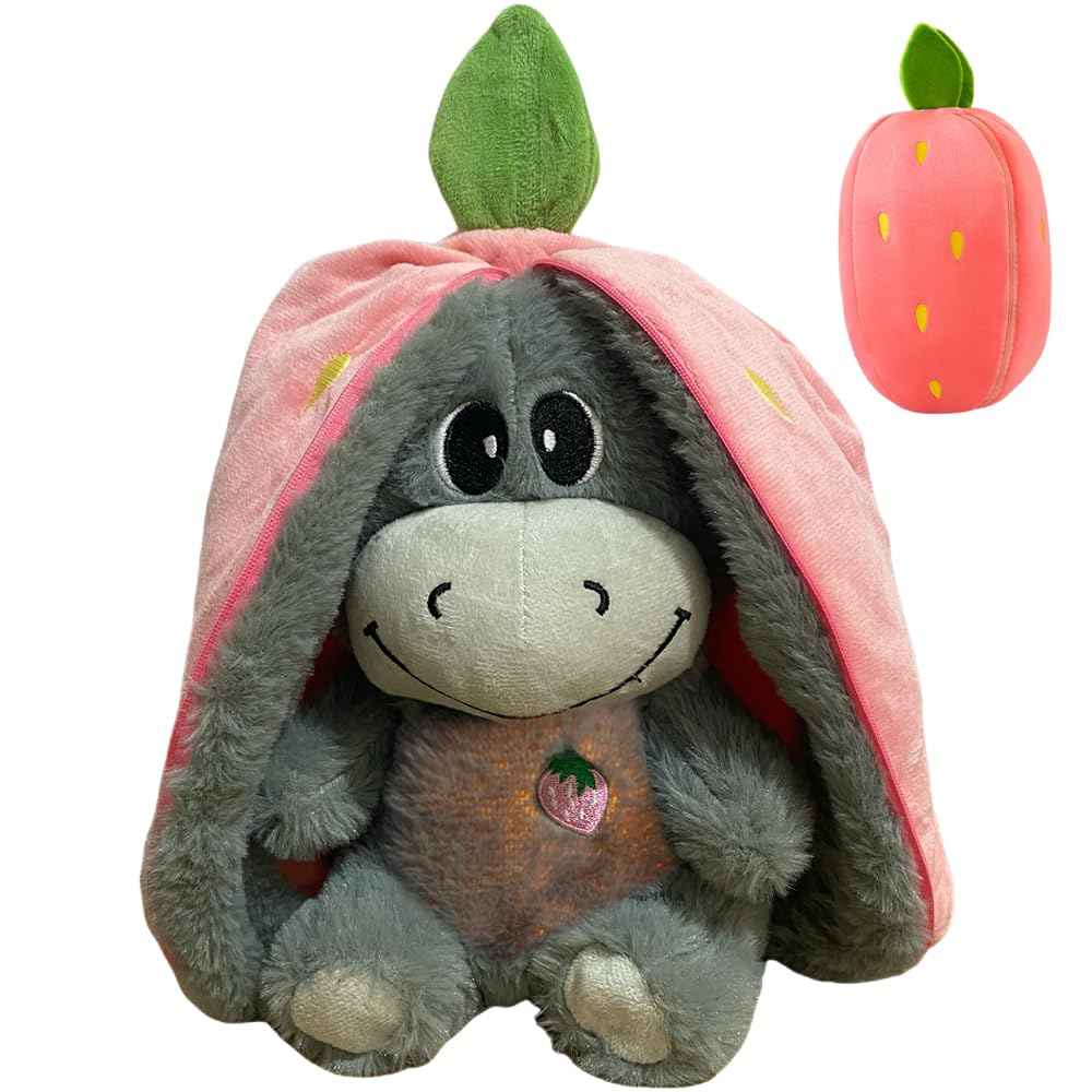 Atmendes Kuscheltier Esel, 32cm Herzschlag Plüsch Esel mit Atmung, Musik und Lichtern, Weiches Erdbeer Avocado Plüschtier Puppe, Kuscheltier Atmet Esels zum Linderung Angstzuständen (Rosa)