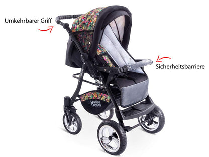 GaGaDumi Urbano Kinderwagen 3 in 1 Komplettset mit Autositz - Baby Stroller 3 in 1 TÜV - Kombikinderwagen 3 in 1 Komplettset Voll-Gummireifen - Blau Schwarz