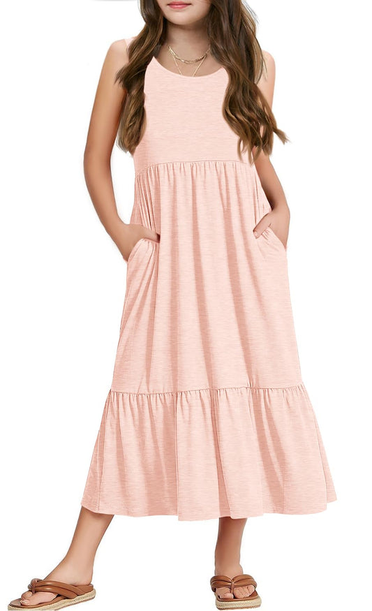 Haloumoning Girls' Dresses Summer Sleeveless Dress Round Neck Tank Top Dress Kids Long Casual Dress Sundress