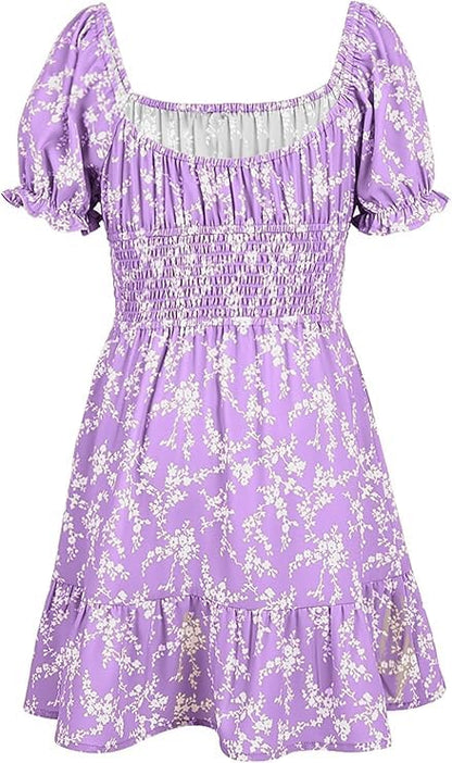 Haloumoning Girls Dresses Short Sleeve Summer Dress Kids Puffy Sleeve Floral Dress Square Neck A-Line Casual Dress Casual Party Wedding Festive Dress 