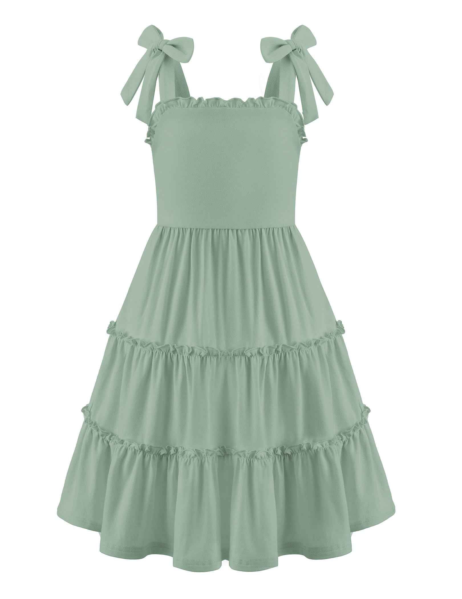 Arshiner Mädchen Kleider Fliege Trägerkleid Kinder Baumwolle Sommerkleid Ärmelloses A-Linie Swingkleid Schulterfrei Elegant Freizeitkleid für Mädchen 5-15 Jahre