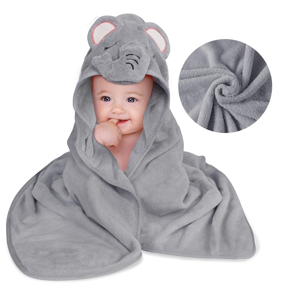 Aolso Hooded Towel Baby, 80 x 80 cm Baby Towel Hood, Baby Wash Cloth, Coral Fleece Baby Towel with Hood for Newborns, Soft and Super Absorbent, Unisex (Grey Elephant)