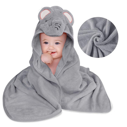Aolso Hooded Towel Baby, 80 x 80 cm Baby Towel Hood, Baby Wash Cloth, Coral Fleece Baby Towel with Hood for Newborns, Soft and Super Absorbent, Unisex (Grey Elephant)