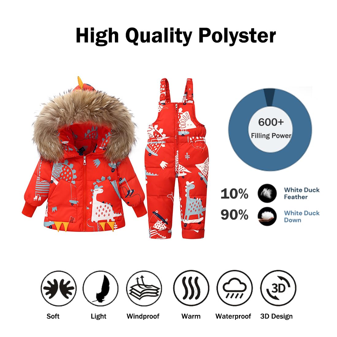 Printed Snowsuits for Baby Girls, 2-Piece Clothing Set, Winter Unisex Children's Down Jacket with Removable Fur Hood with Snow Dungarees, Boys and Girls, Ski Suit Clothing