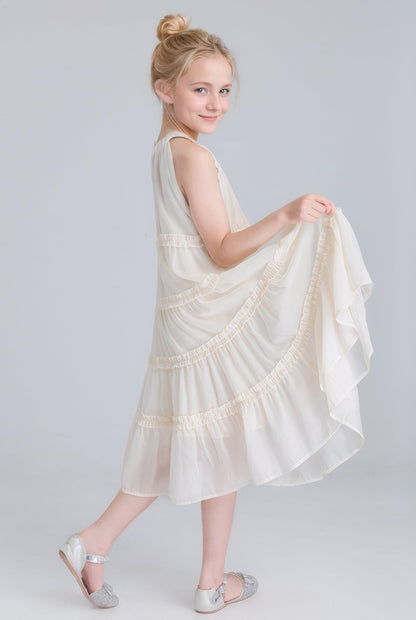 SOLOCOTE Girls Midi Dress Sleeveless Off Shoulder Ruffles A-Line Summer Elegant Casual Dress 