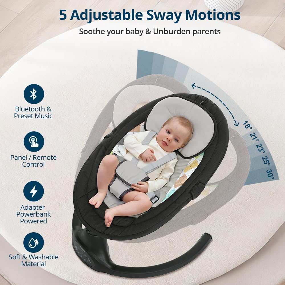 Bioby Elektrische Babywippe | Babyschaukel mit 5-Punkt-Gurt & 5 Schaukelmodi, Leicht & Sicher Wippe Baby Elektronisch mit Bluetooth-Musik & Fernbedienung, für 0-12 Monate (2-9 kg), Grau