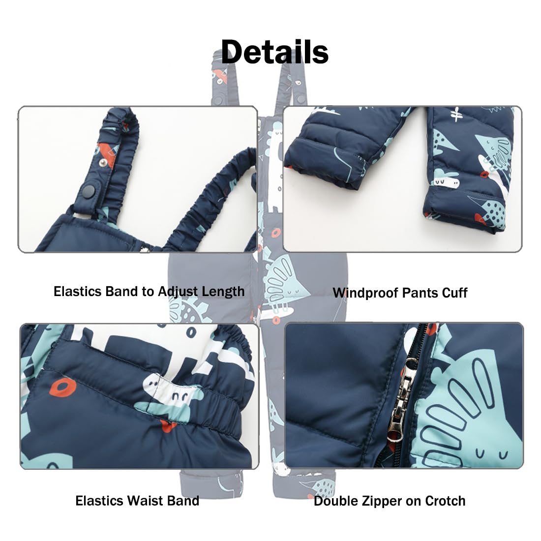 Printed Snowsuits for Baby Girls, 2-Piece Clothing Set, Winter Unisex Children's Down Jacket with Removable Fur Hood with Snow Dungarees, Boys and Girls, Ski Suit Clothing