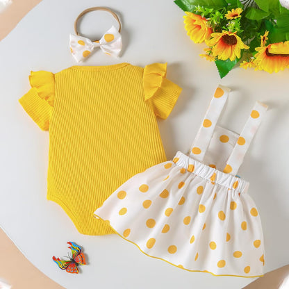 Neugeborenes Baby Mädchen Röcke Sets Kurzarm Rüschen Top + Bedrucktes Overalls Hosenträger Kleid + Stirnband Sommer Kleidung Outfits Set