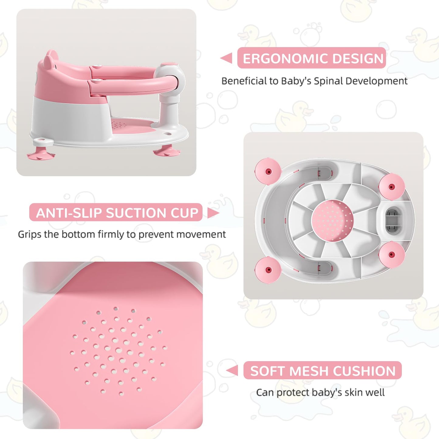 Baby Bath Seat from 6 Months, Bear Non-Slip Bath Seat Baby with 4 Suction Cups and Cushions for Toddlers and Newborns, Safe Portable Bath Chair for Shower or Bathtub, Pink