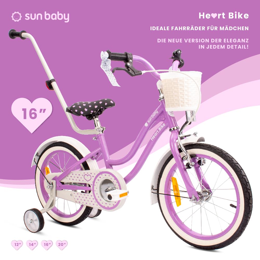sun baby Mädchenfahrrad 12, 14 und 16 Zoll Radgröße Heart Bike zur Auswahl, mit Abnehmbarer Schubstange, Kinderfahrrad für Mädchen von 2 bis 6 Jahre
