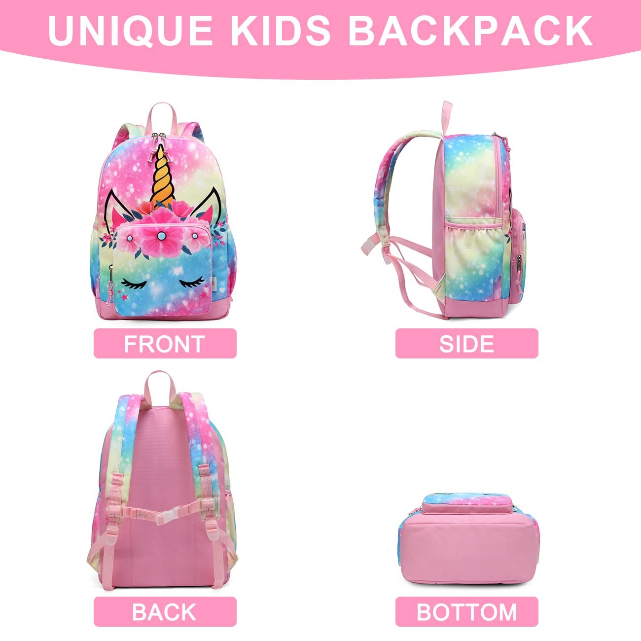 Rucksack für Mädchen, 4-6 Jahre, Schulrucksack mit Seitentaschen und Brustgurt, 127-Einhorn, one size, Niedlich