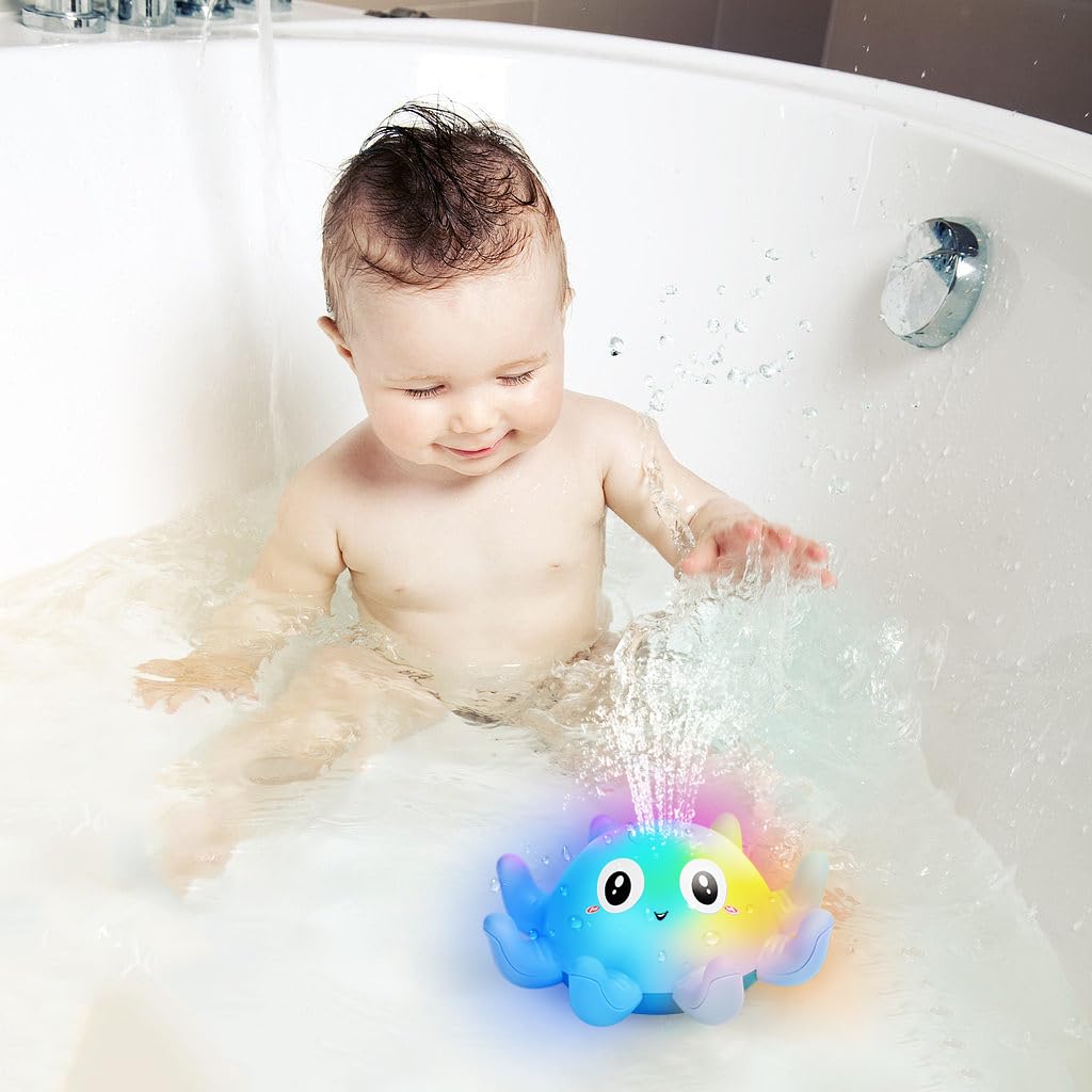 Jovicos Bath Toy, Octopus Spray Water Toy with Light, Bath Toy Baby from 1 Year, Bath Time Toy Children Gift (Blue)
