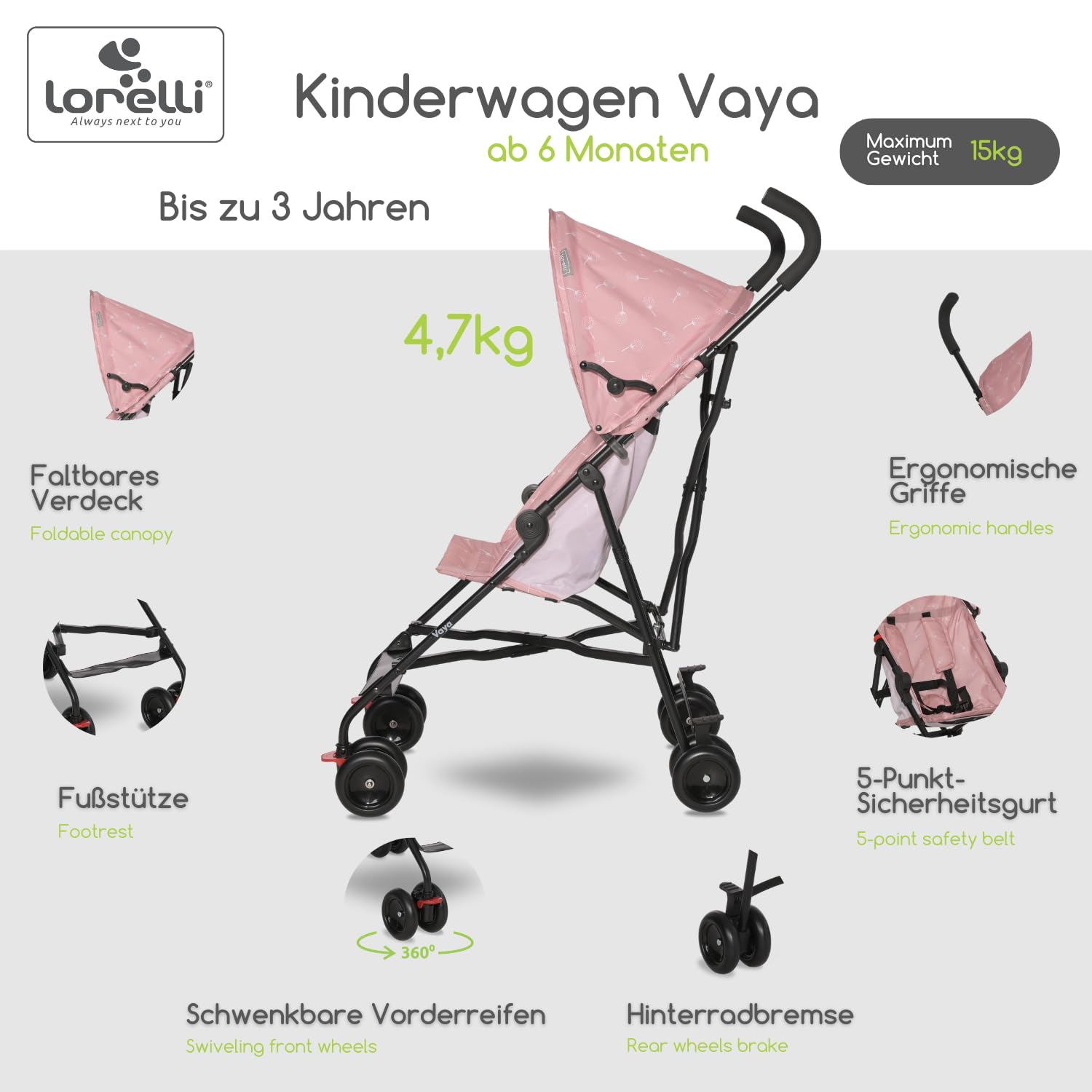 Lorelli Ultra Leichter Buggy Kinderwagen Vaya - nur 4,7kg - Kompakter Sportsitz bis 15kg, Sitzbuggy mit 5-Punkt-Gurt, faltbarem Verdeck und ergonomischen Griffen, klappbarer Reisekinderwagen, rosa - Meloni2