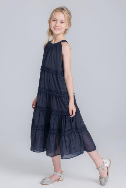 SOLOCOTE Girls Midi Dress Sleeveless Off Shoulder Ruffles A-Line Summer Elegant Casual Dress 