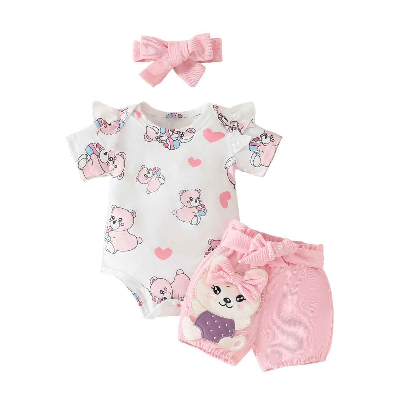 Baby Mädchen Kleidung Sets, Kurze Ärmel Snap Knopf Schritt Rundhalsausschnitt Karikatur Bär Love Herz Dehnen Shorts Schleifenknoten Stirnband Sommerkleidungs-Sets Klamotten, Rosa 0-18 Monate