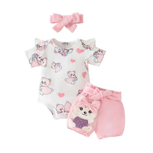 Baby Mädchen Kleidung Sets, Kurze Ärmel Snap Knopf Schritt Rundhalsausschnitt Karikatur Bär Love Herz Dehnen Shorts Schleifenknoten Stirnband Sommerkleidungs-Sets Klamotten, Rosa 0-18 Monate