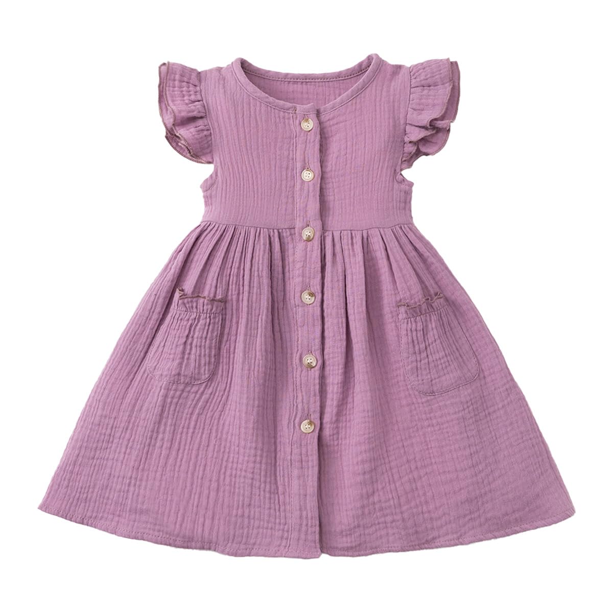Kleinkinder Mädchen Sommerkleid Rüschenärmel Rundhalsausschnitt Knopfleiste Kleid lässiges Herbst A-Linien Party Kinderkleider 2-6 Jahre