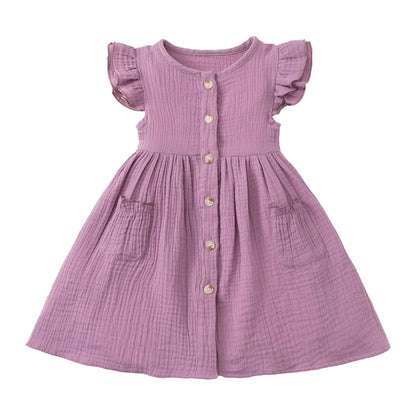 Kleinkinder Mädchen Sommerkleid Rüschenärmel Rundhalsausschnitt Knopfleiste Kleid lässiges Herbst A-Linien Party Kinderkleider 2-6 Jahre