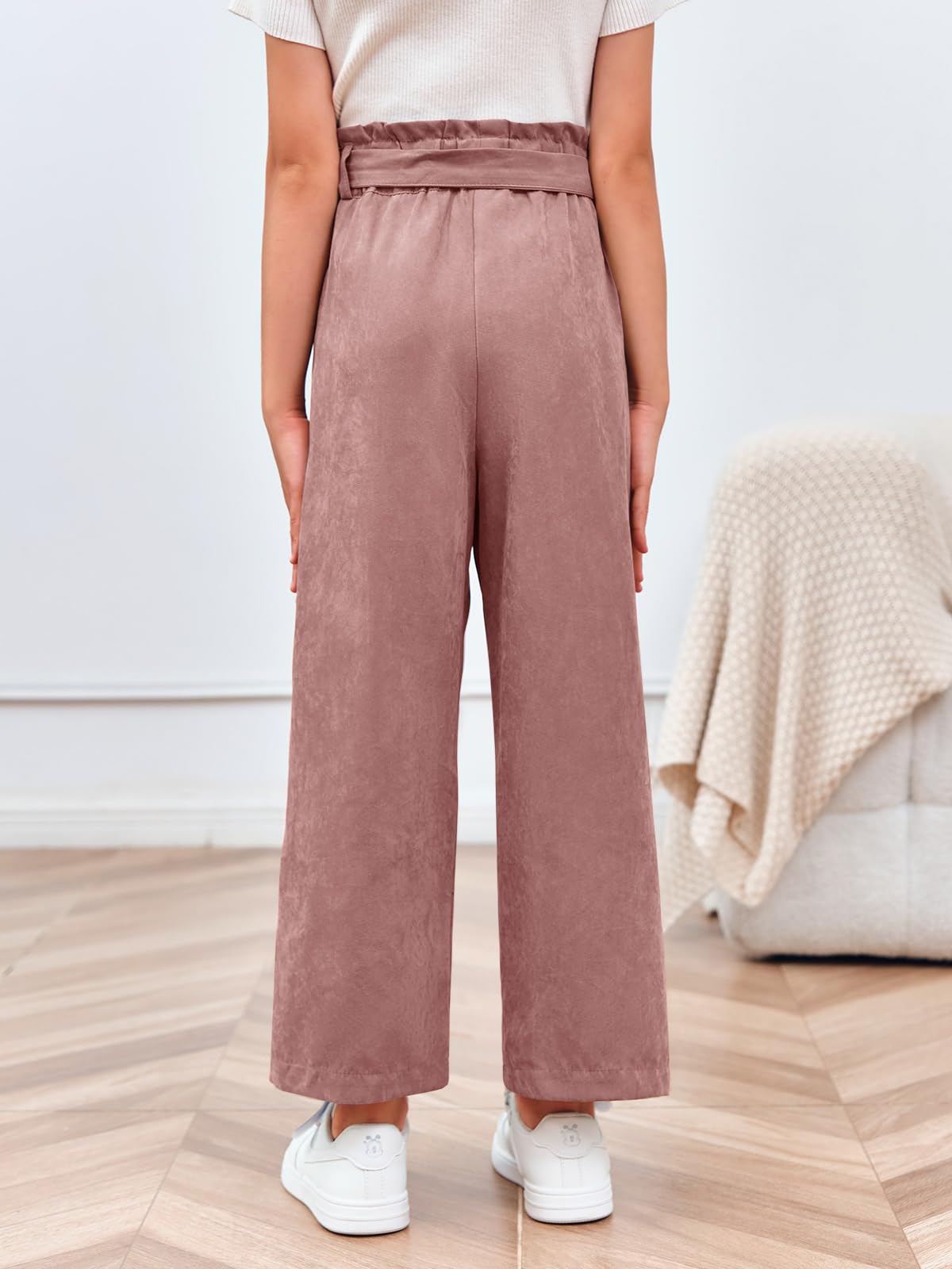 Haloumoning Mädchen Weite Hose Palazzo Hohe Taille Mode Bootcut Elastische Paperbag Freizeithose mit Gürtel
