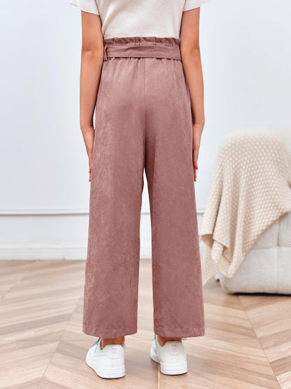 Haloumoning Mädchen Weite Hose Palazzo Hohe Taille Mode Bootcut Elastische Paperbag Freizeithose mit Gürtel