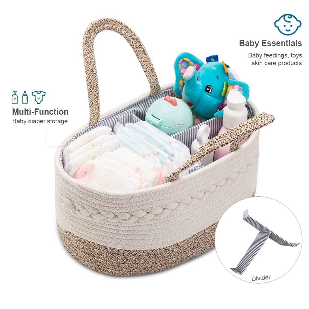 Baby Nappy Caddy Organiser, Multifunctional Storage Box for Nappies, with Interchangeable Compartments, 100% Cotton Linen, Portable Storage Basket for Nappies, Baby Shower Gift