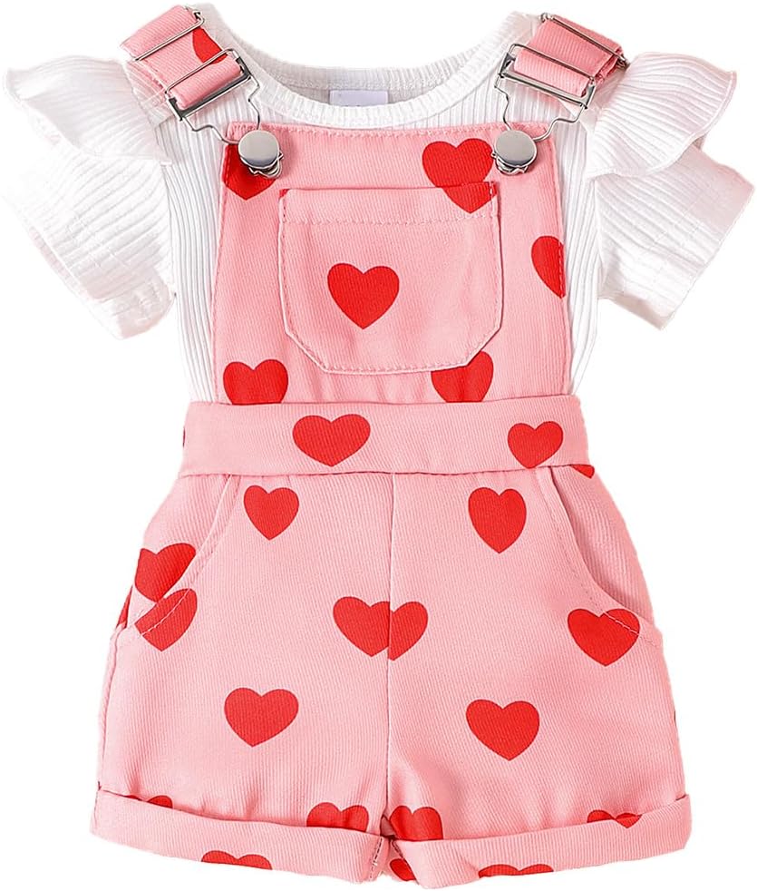 Baby Mädchen Sommer Outfits Rüschen Kurzarm Ripptop+ Blumen/Herzmuster Overalls Shorts Mit Tasche Süßes 2-Teiliges Kleidungsset