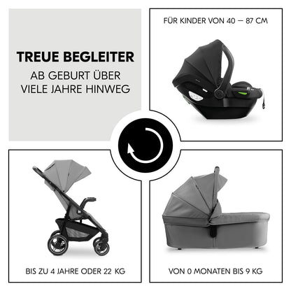 hauck 3in1 Kinderwagen Set Shop N Care Trio Set inkl. Buggy, Babywanne, Babyschale ab Geburt bis 22 kg, Klein Zusammenklappbar, Liegefunktion, Getränkehalter & Tablett, UV-Schutz 50+ (Grey)
