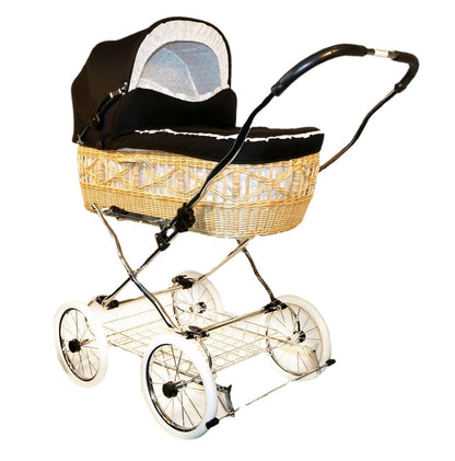 EICHHORN Kinderwagen Weidenkorb - Kinderwagen aus echter Weide, handgeflochten, Korb Natur, Stoff Schwarz