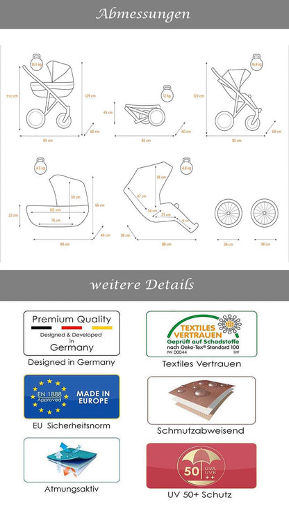 Kinderwagen-Set 2 in 1 Retro inkl. Sportsitz - 11 Teile - in 5 Farben