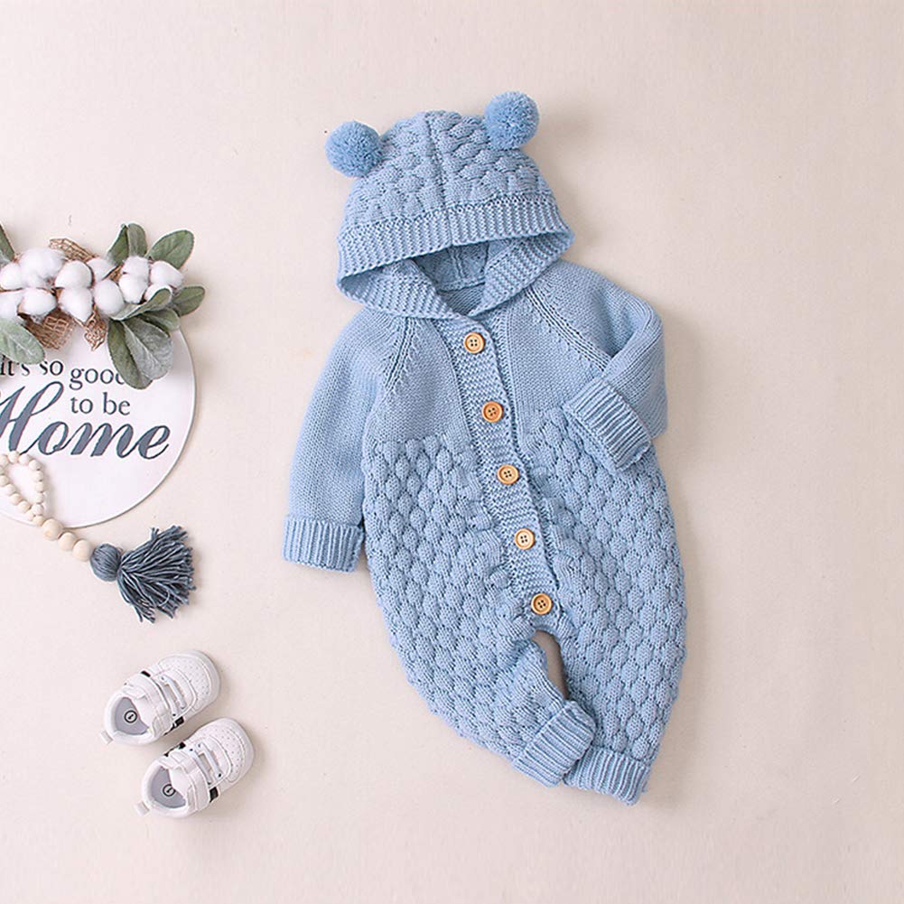 OBEEII Newborn Baby Knitted Romper Jumpsuit with Hood Ear Onesies Pullover Winter Warmer Onesie Bodysuit for Boys Girls