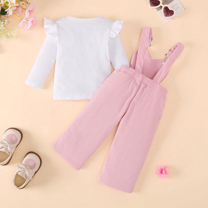 Baby Mädchen Sommer Outfits Rüschen Kurzarm Ripptop+ Blumen/Herzmuster Overalls Shorts Mit Tasche Süßes 2-Teiliges Kleidungsset