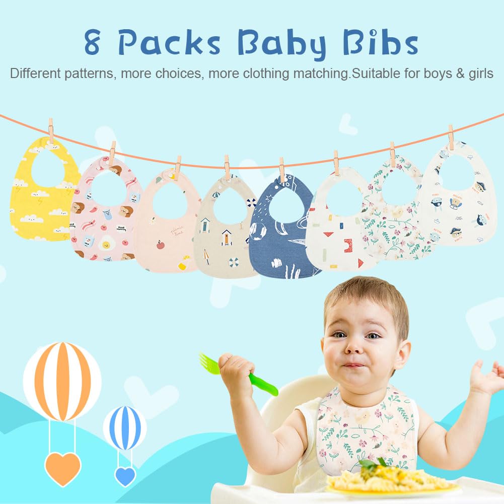 Vicloon Baby Bibs, 8 Pack Soft Absorbent and Waterproof Bibs Dribble Bibs Burp Cloths Baby with Snap Fastener for Baby Boys and Girls Toddlers 