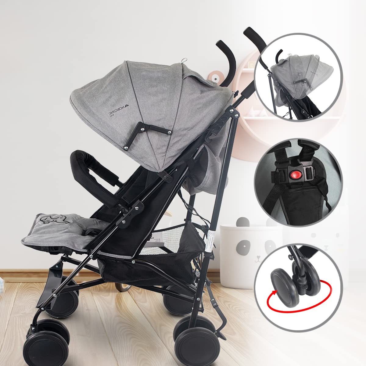 Mobiclinic®, Kinderwagen, Buggy, Elefant, Verstellbare rückenlehne, Doppeltes sicherheitssystem, Abnehmbare räder, Verstellbarer 5-punkt-gurt, Leichter, Grau und schwarz