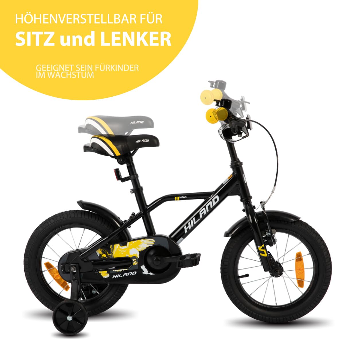 Hiland 12/14/16/20 Zoll Kinderfahrrad, Jungen Fahrrad für 3-10 Jahre, mit Stützrädern, Kinderfahrrad mit Handbremse und Rücktrittbremse, Schwarz/Grün/Blau/Orange