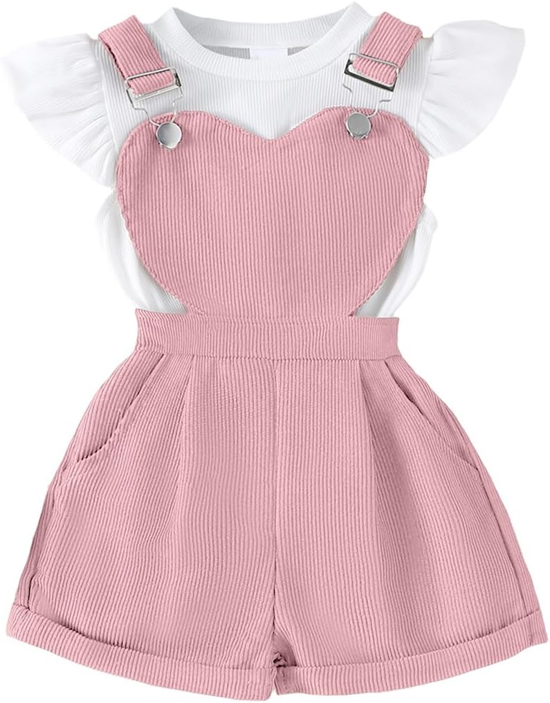 Baby Mädchen Sommer Outfits Rüschen Kurzarm Ripptop+ Blumen/Herzmuster Overalls Shorts Mit Tasche Süßes 2-Teiliges Kleidungsset