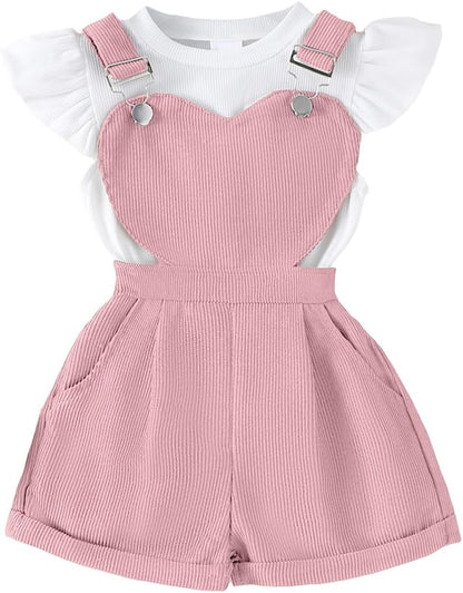 Baby Mädchen Sommer Outfits Rüschen Kurzarm Ripptop+ Blumen/Herzmuster Overalls Shorts Mit Tasche Süßes 2-Teiliges Kleidungsset
