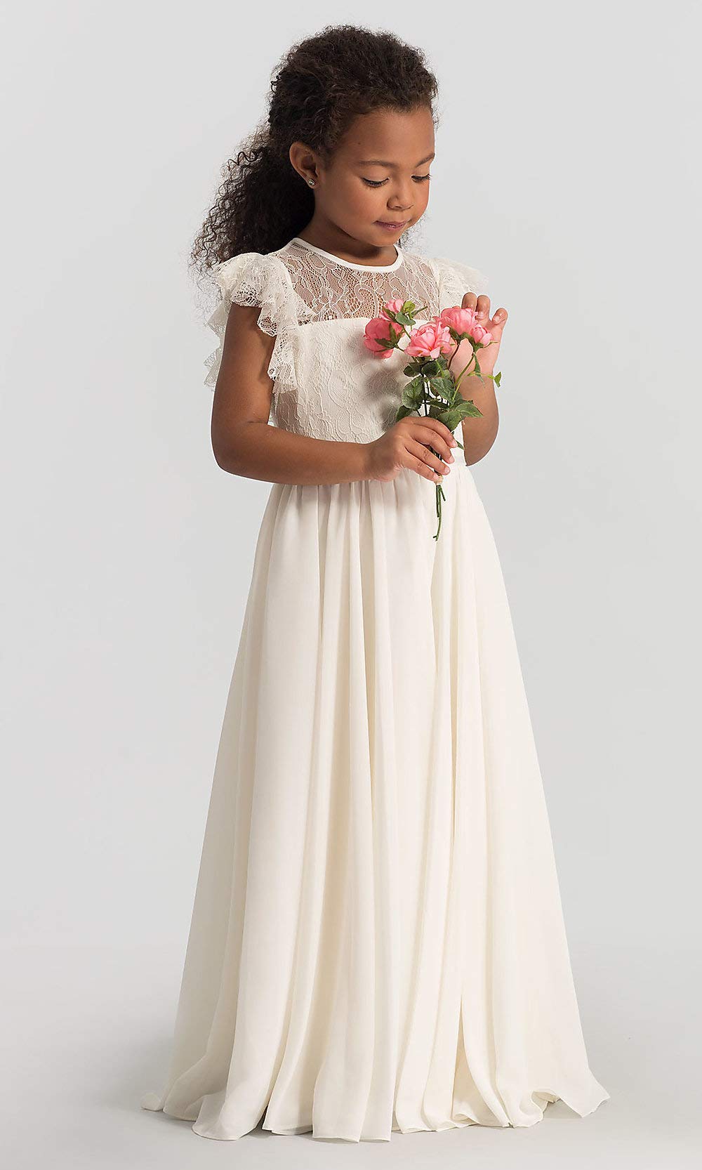 TYHTYM Blumenmädchen Kleid, Festzug, Hochzeit, Spitzenkleid, Abschlussballkleid, Mädchen, Partykleid, Flattern Ärmel, Weiß