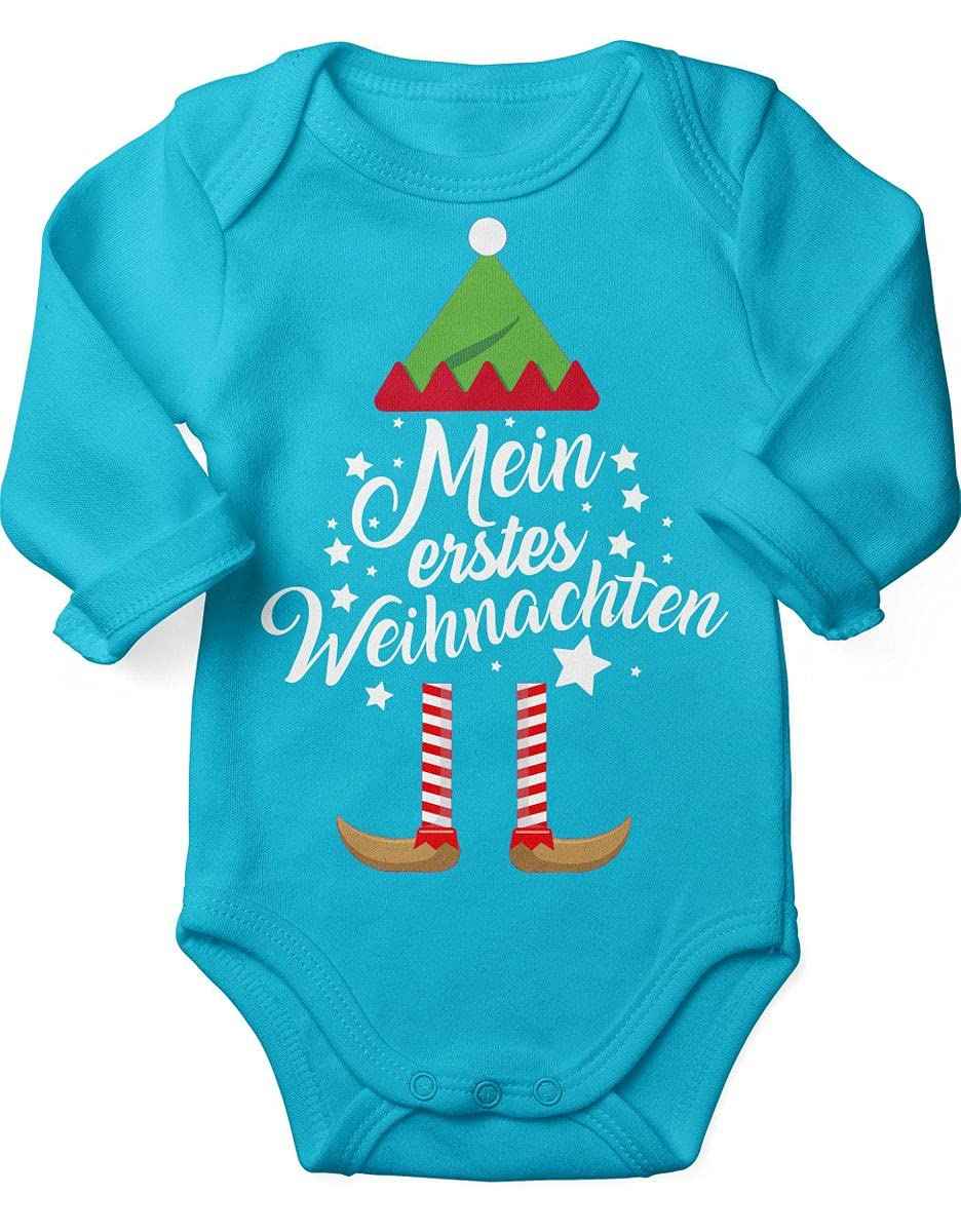 Mikalino Baby Bodysuit with Saying in German for Boys, Girls, Unisex, Long Sleeve, Mein erstes Weihnachten Saying (Christmas Elf), Hand Printed in Germany, Handmade with Love