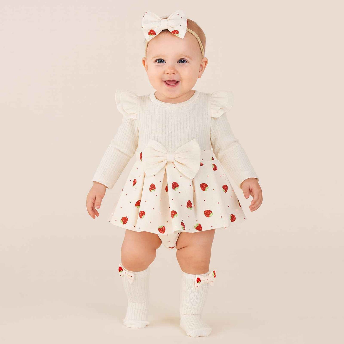 Winmany Strawberry Baby Girls Bodysuit with Sock Bow Headband Newborn Long Sleeve Bodysuit Autumn Winter Spring Jumpsuit Photography Props Clothes