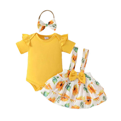 Neugeborenes Baby Mädchen Röcke Sets Kurzarm Rüschen Top + Bedrucktes Overalls Hosenträger Kleid + Stirnband Sommer Kleidung Outfits Set
