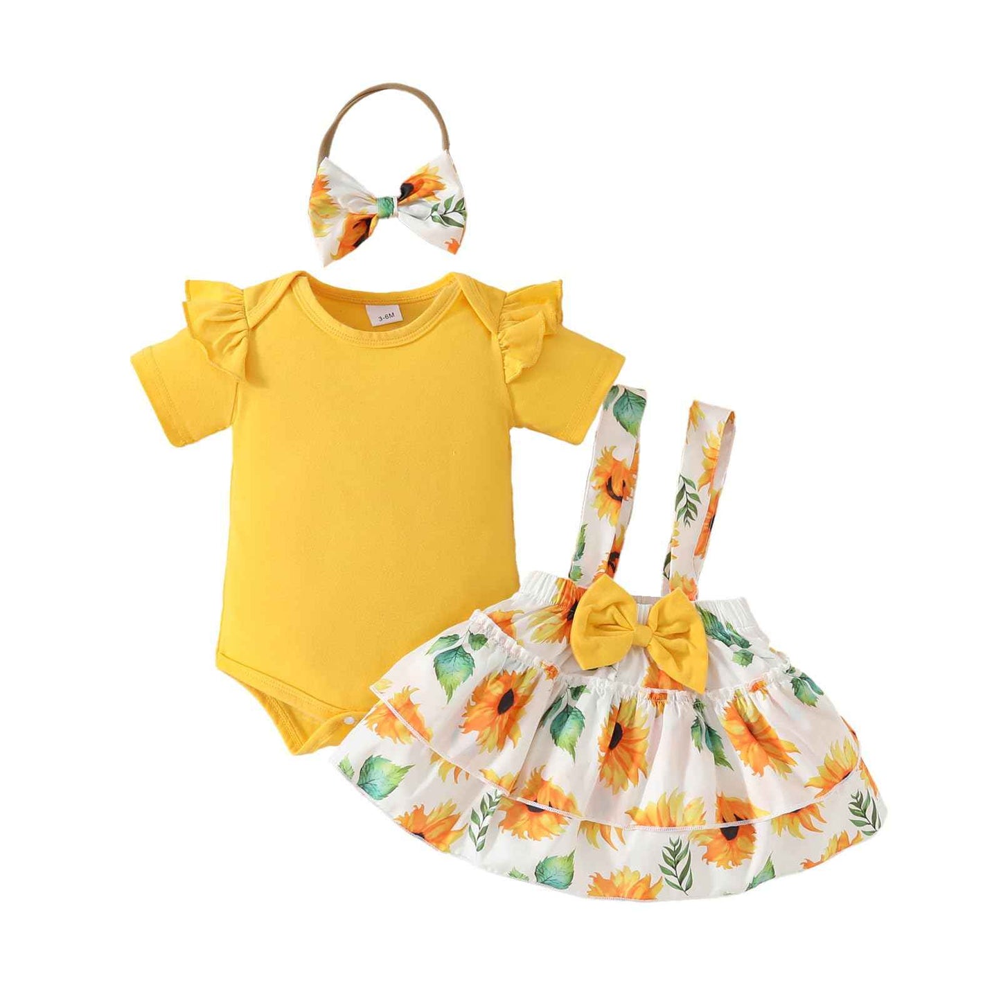 Neugeborenes Baby Mädchen Röcke Sets Kurzarm Rüschen Top + Bedrucktes Overalls Hosenträger Kleid + Stirnband Sommer Kleidung Outfits Set
