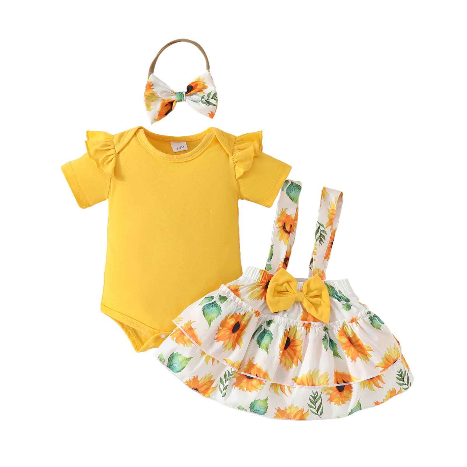 Neugeborenes Baby Mädchen Röcke Sets Kurzarm Rüschen Top + Bedrucktes Overalls Hosenträger Kleid + Stirnband Sommer Kleidung Outfits Set