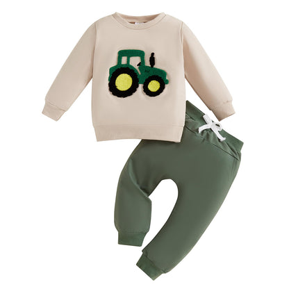 Baby-Frühlings-Outfit für Jungen, Trainingsanzüge mit Traktor-/Auto-Print, Sweatshirts mit langen Ärmeln mit Autodruck + elastische Kordelzughose, 2-teiliges Sportbekleidungsset, weiche Traktor-Outfits