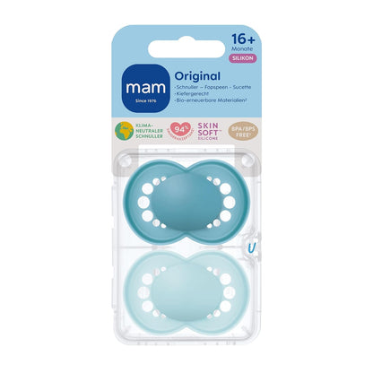 MAM Original Schnuller im 2er-Set, zahnfreundlicher Baby Schnuller aus nachhaltigen & bio-erneuerbaren Materialien, Sauger aus MAM SkinSoft Silikon, mit Schnullerbox, 0-6 Monate, Hase/Reh
