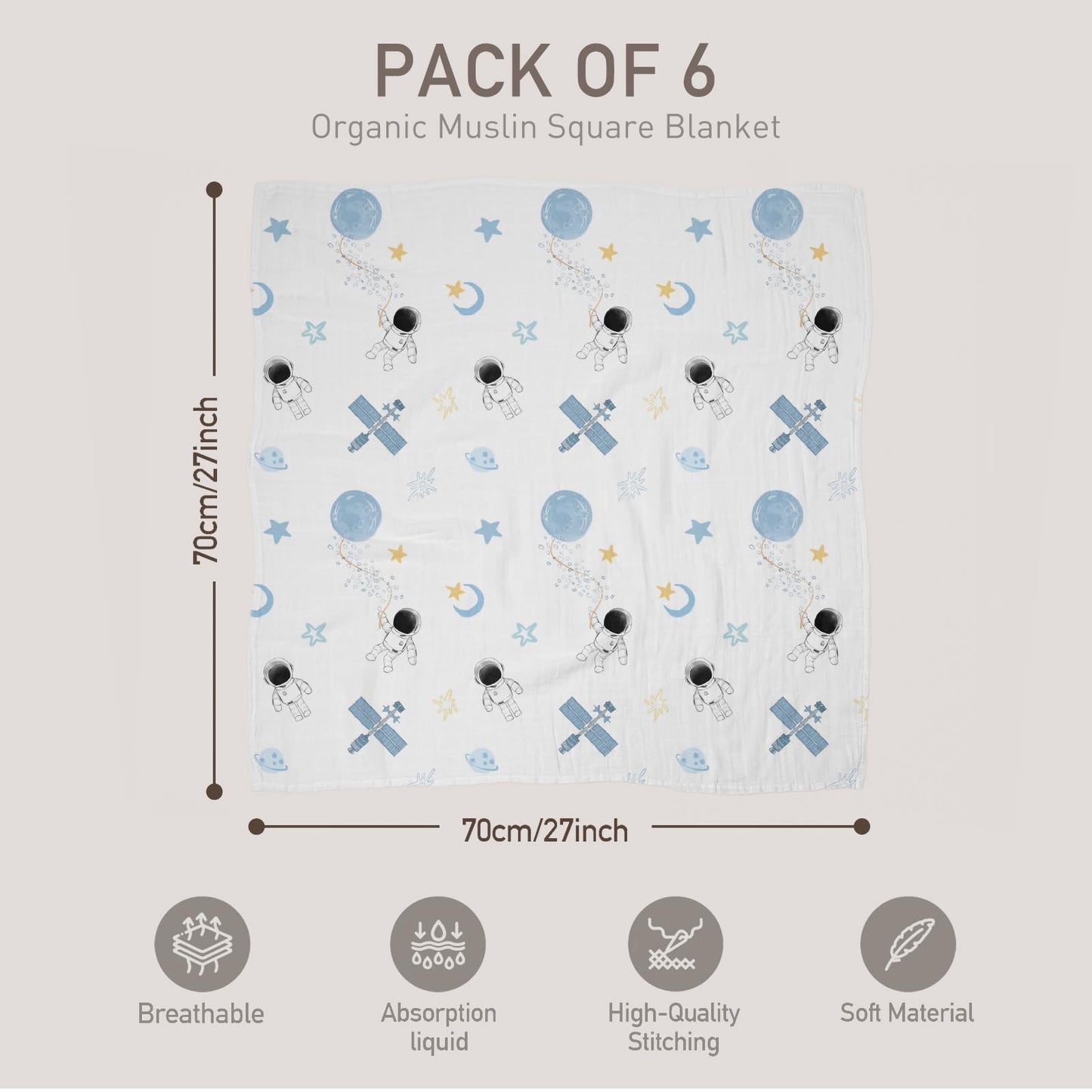 GLLQUEN Musselintücher für Babys, 6 Stück Spucktücher aus Baumwolle 70 cm x 70 cm, saugfähig und atmungsaktiv und ideal zum Reinigen, Abwischen und Abdecken von Neugeborenen